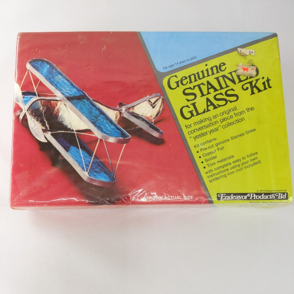 vtg Endeavor Products Stained Glass Kit Blue 1974 Antique Bi-plane Airplane DIY